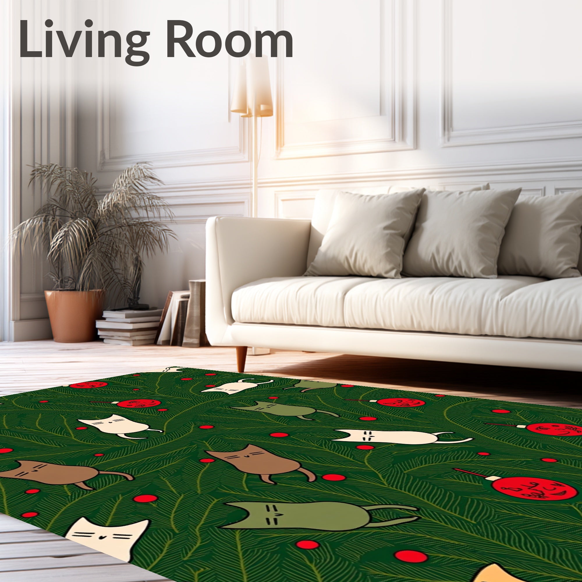 Festive Green Evergreen Whimsical Cat Ornaments Rug