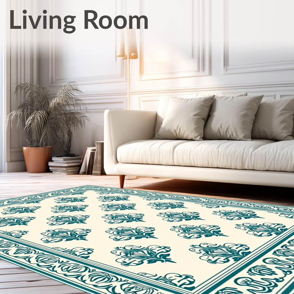 Teal Scroll Frame With Cream Medallion Rug