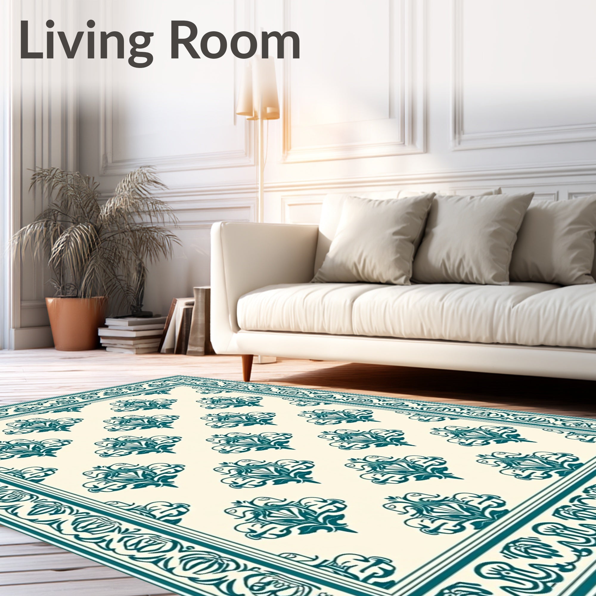 Teal Scroll Frame With Cream Medallion Rug