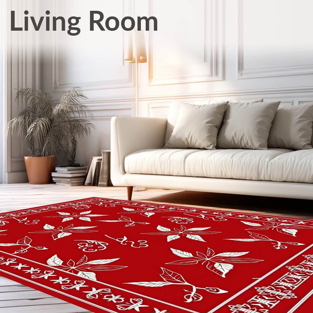 Bold Red Poinsettia Floral Border Rug