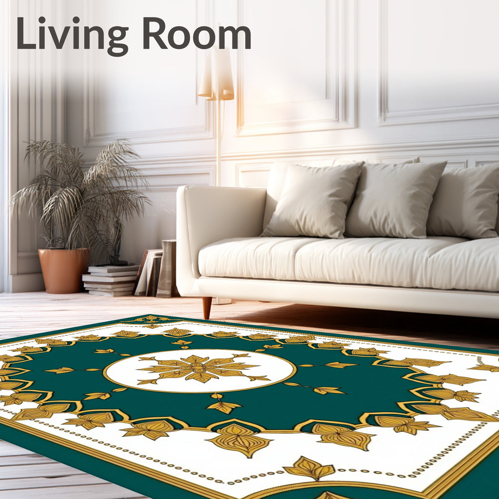 Teal Gold Medallion Floral Border Rug