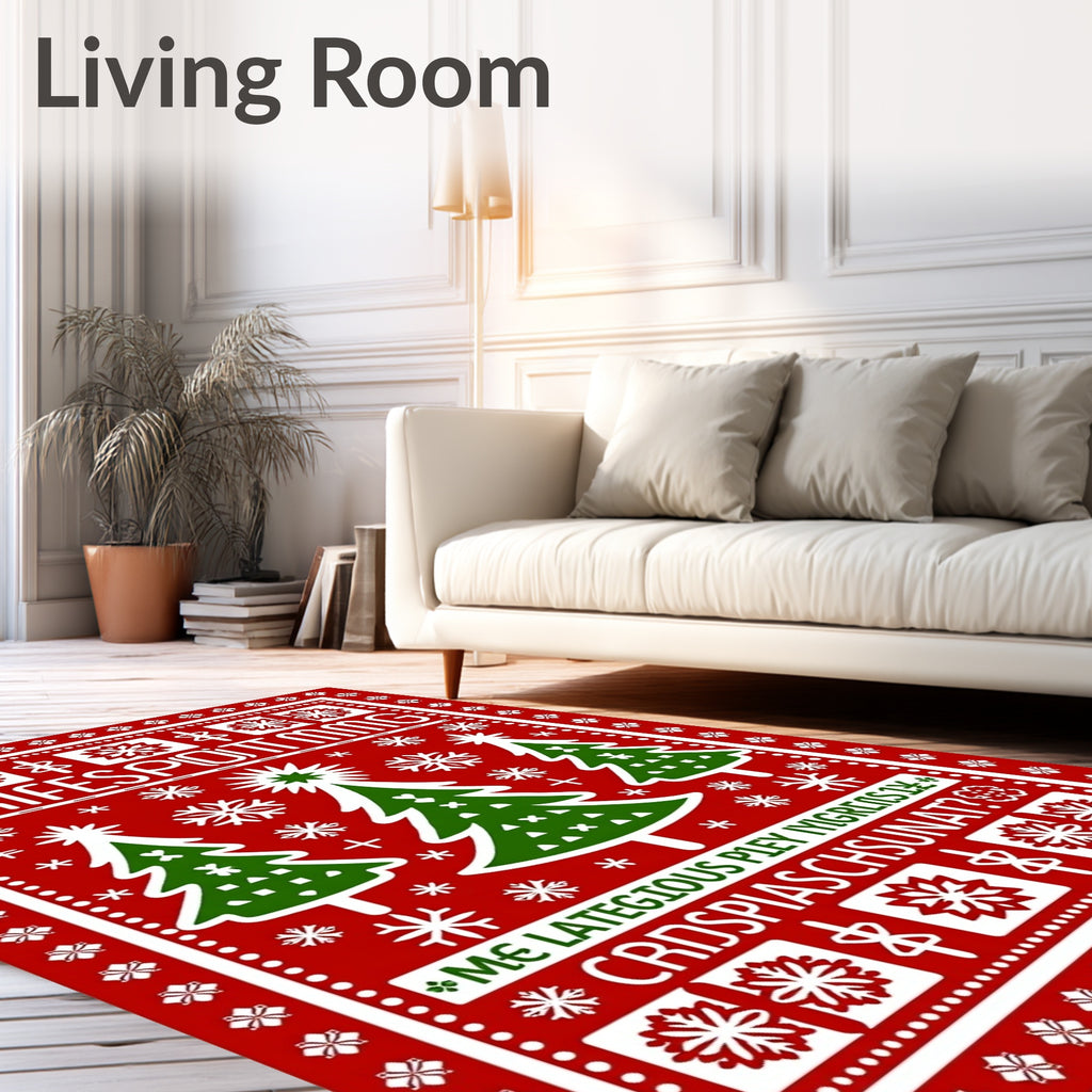 Red Green Christmas Trees Snowflakes Motif Rug