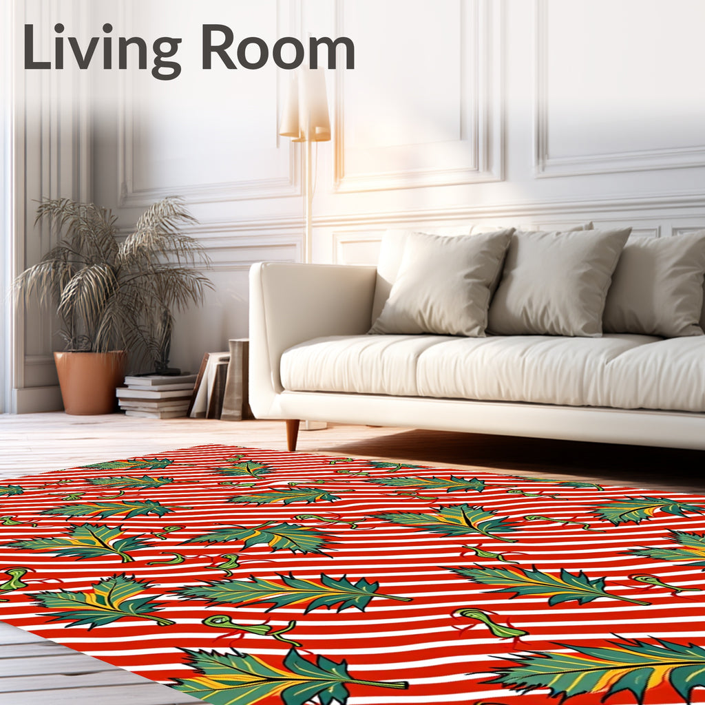 Bold Green Leaf Red Stripe Rug