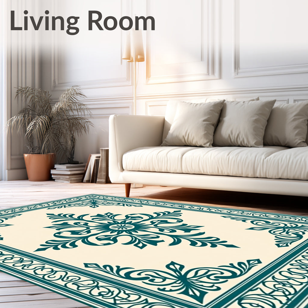 Teal Floral Medallion Border Rug