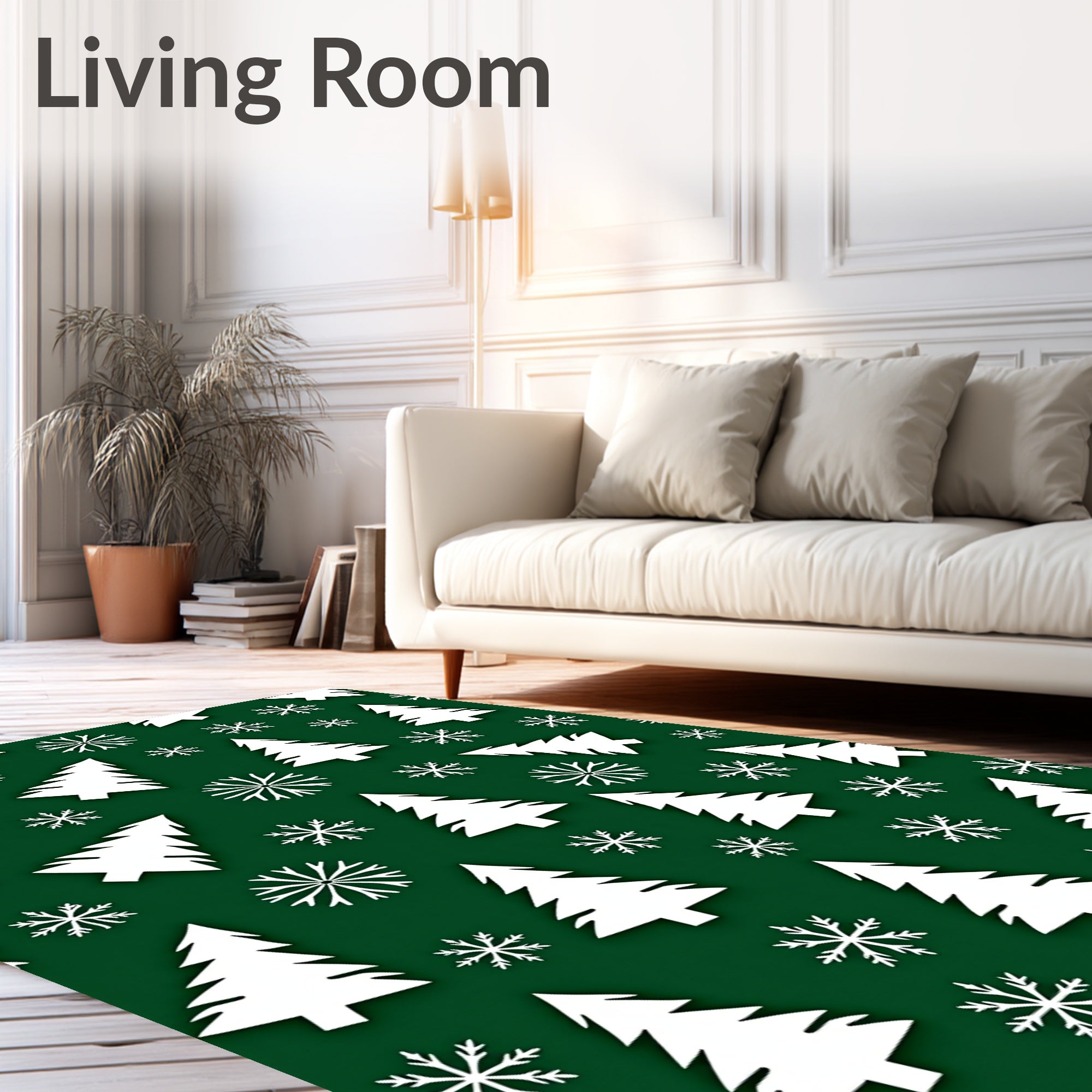 White Trees Snowflakes Green background Rug