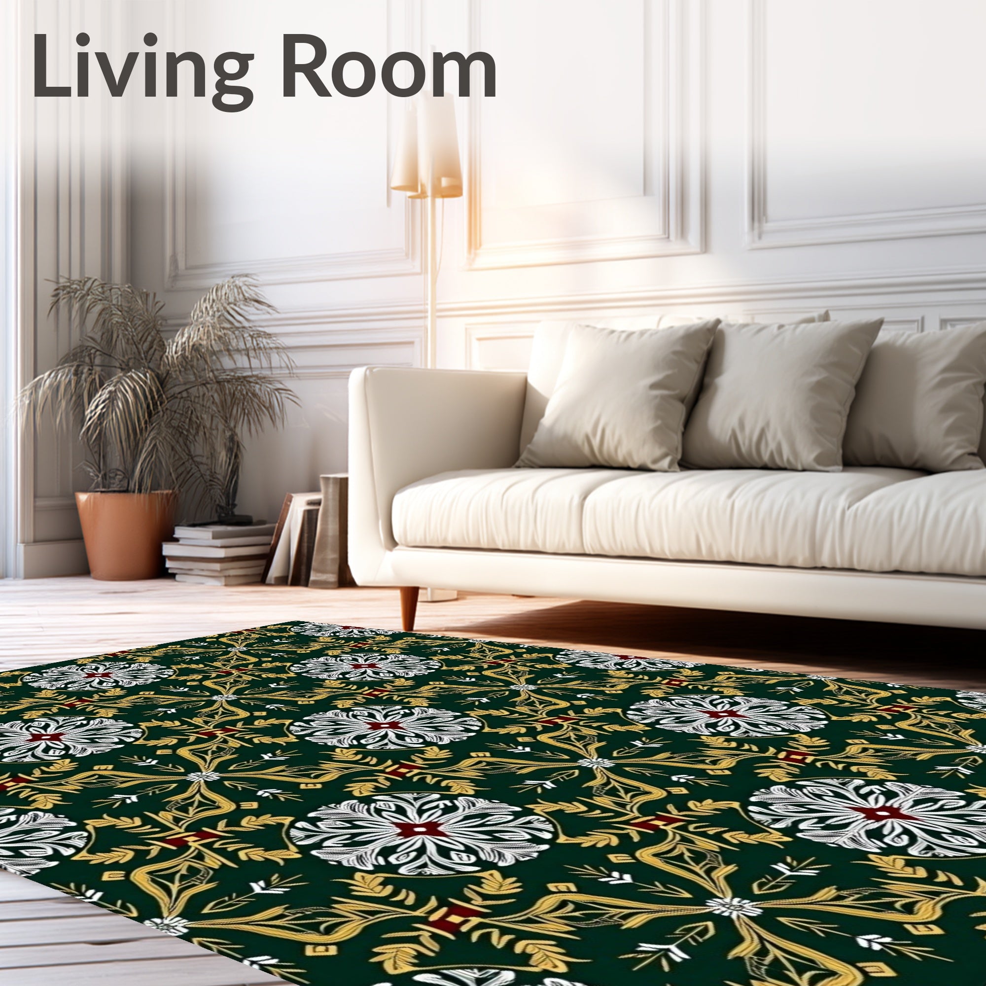 Emerald Gold White Floral Medallion Rug