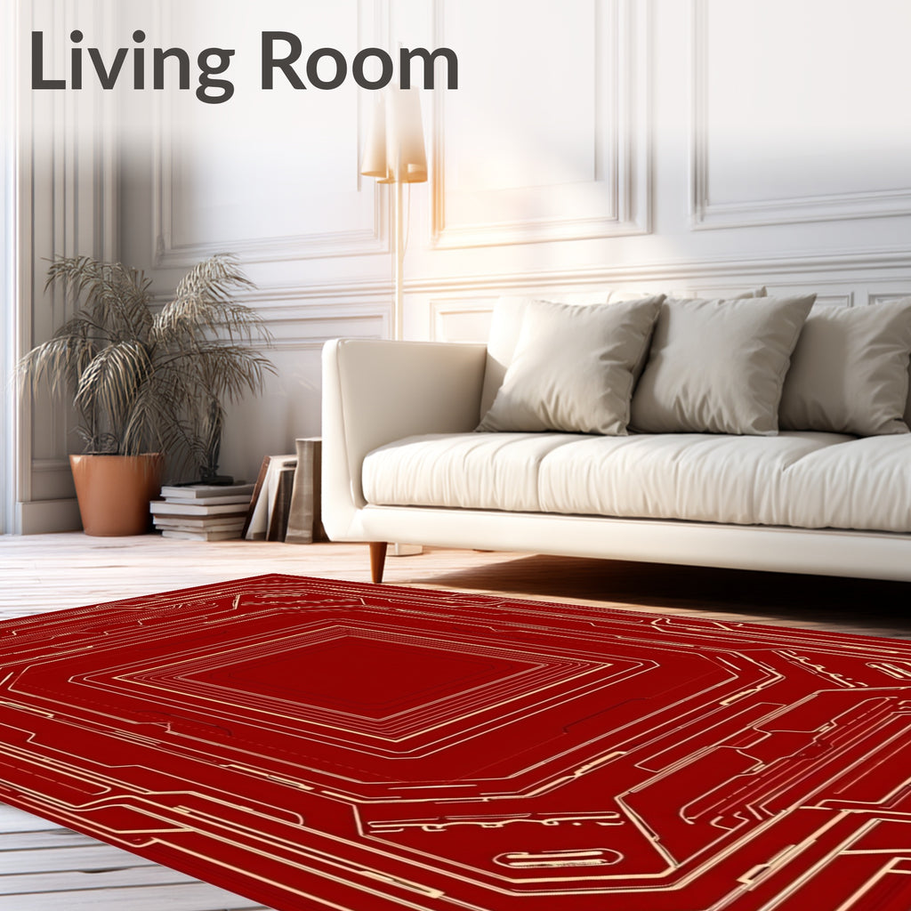 Crimson Gold Geometric Circuit Board Rug