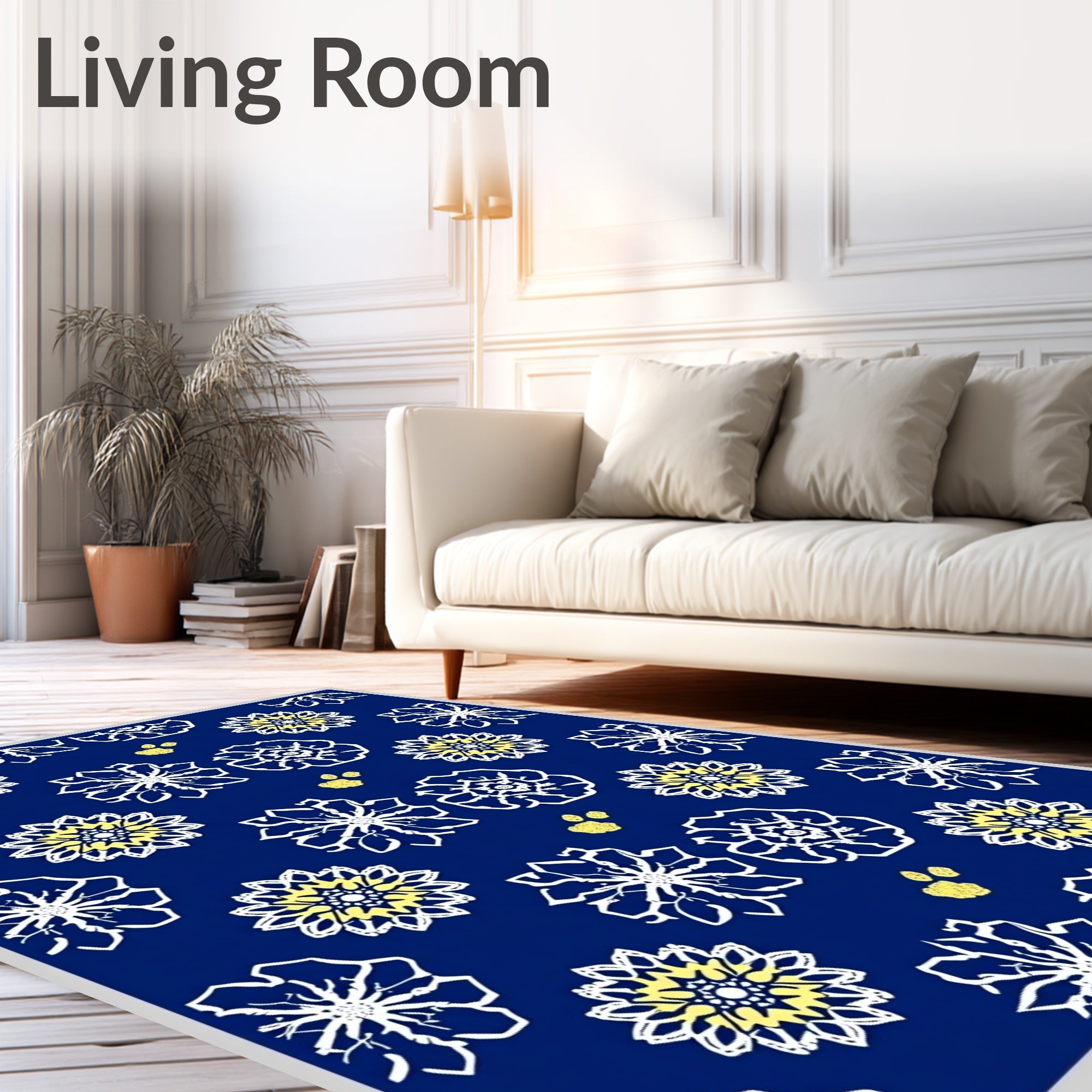 Navy Blue Floral Medallion Yellow Accents Rug