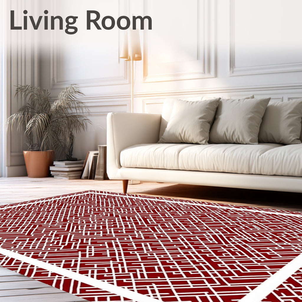 Deep Red Geometric Maze Rug