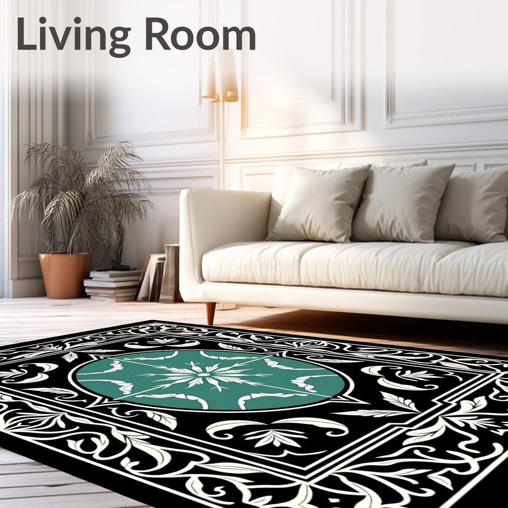Classic Teal Floral Inlay Border Rug