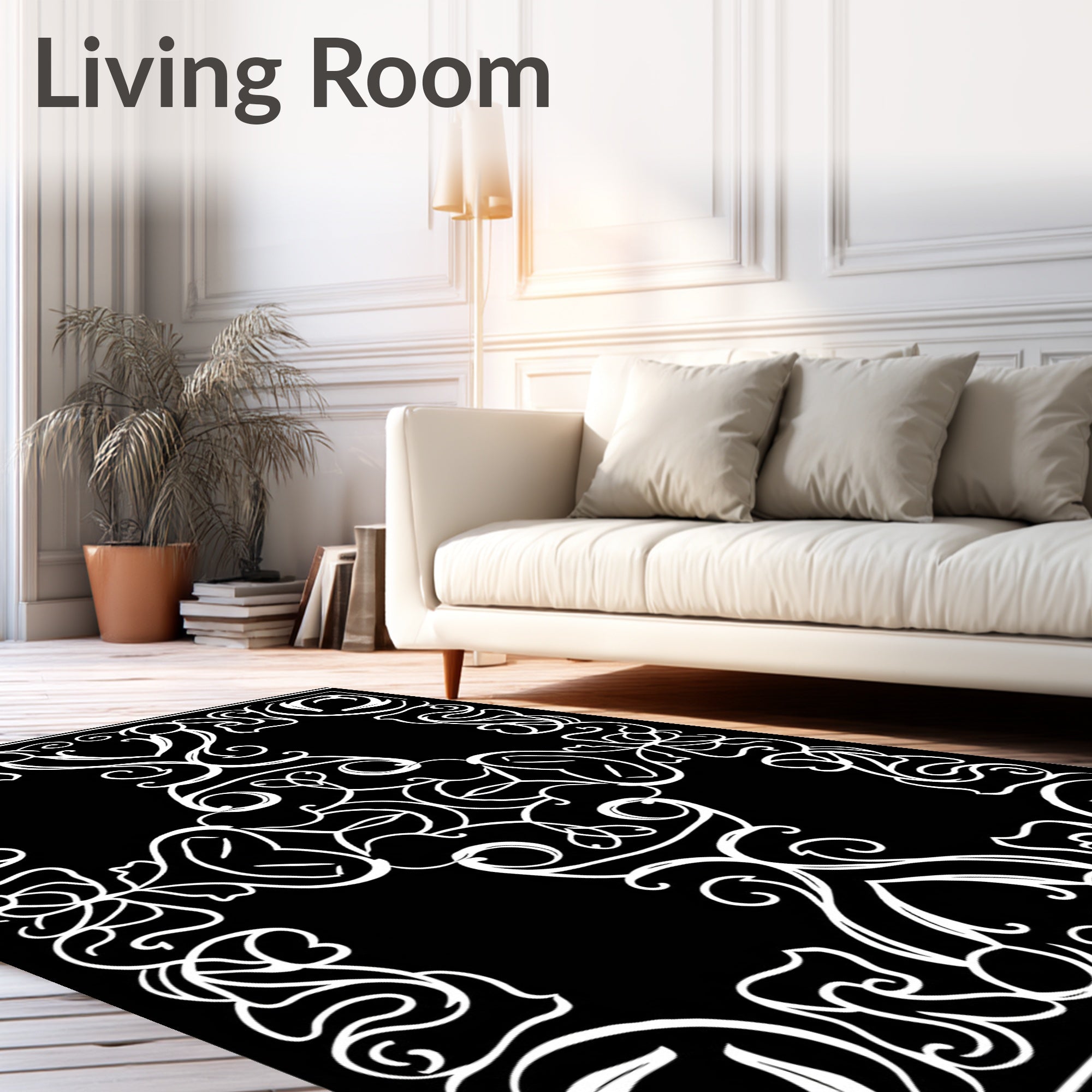 White Black Scrollwork Accents Rug