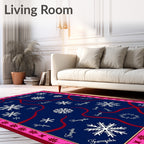 Navy Snowflake Swirl Red Text Rug