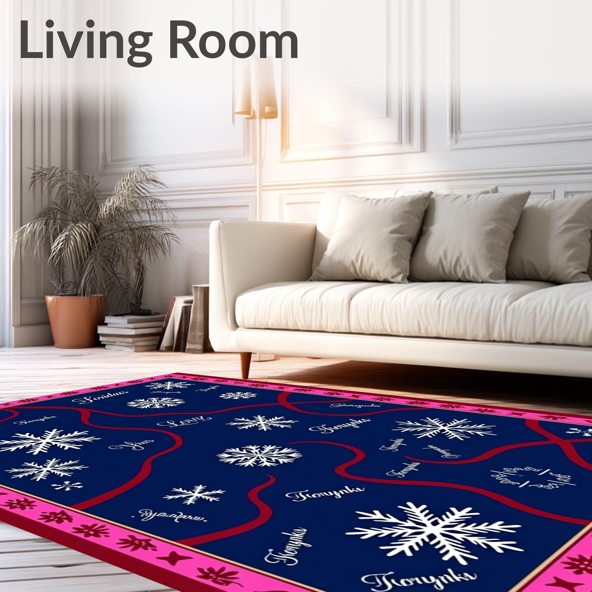 Navy Snowflake Swirl Red Text Rug