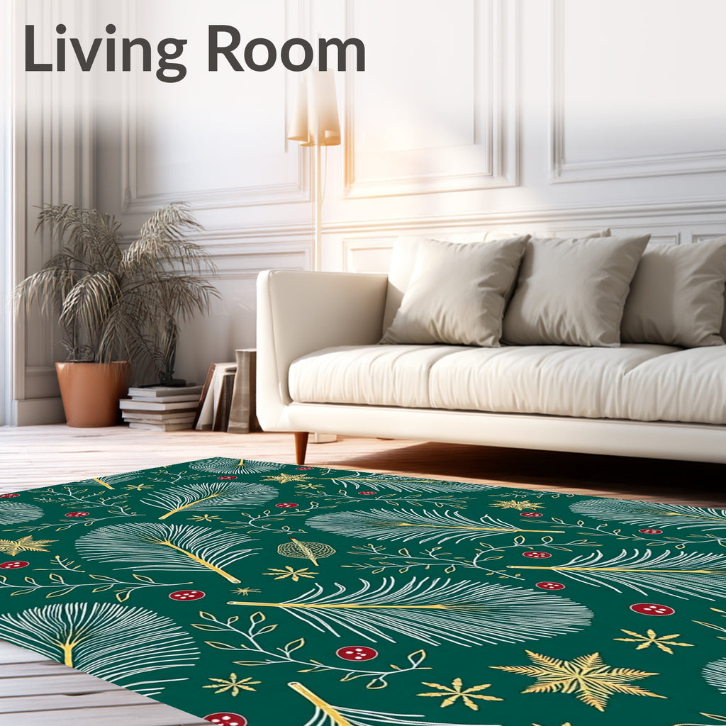 Emerald Green White Gold Feather Snowflakes Rug
