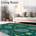 Emerald Green White Gold Feather Snowflakes Rug