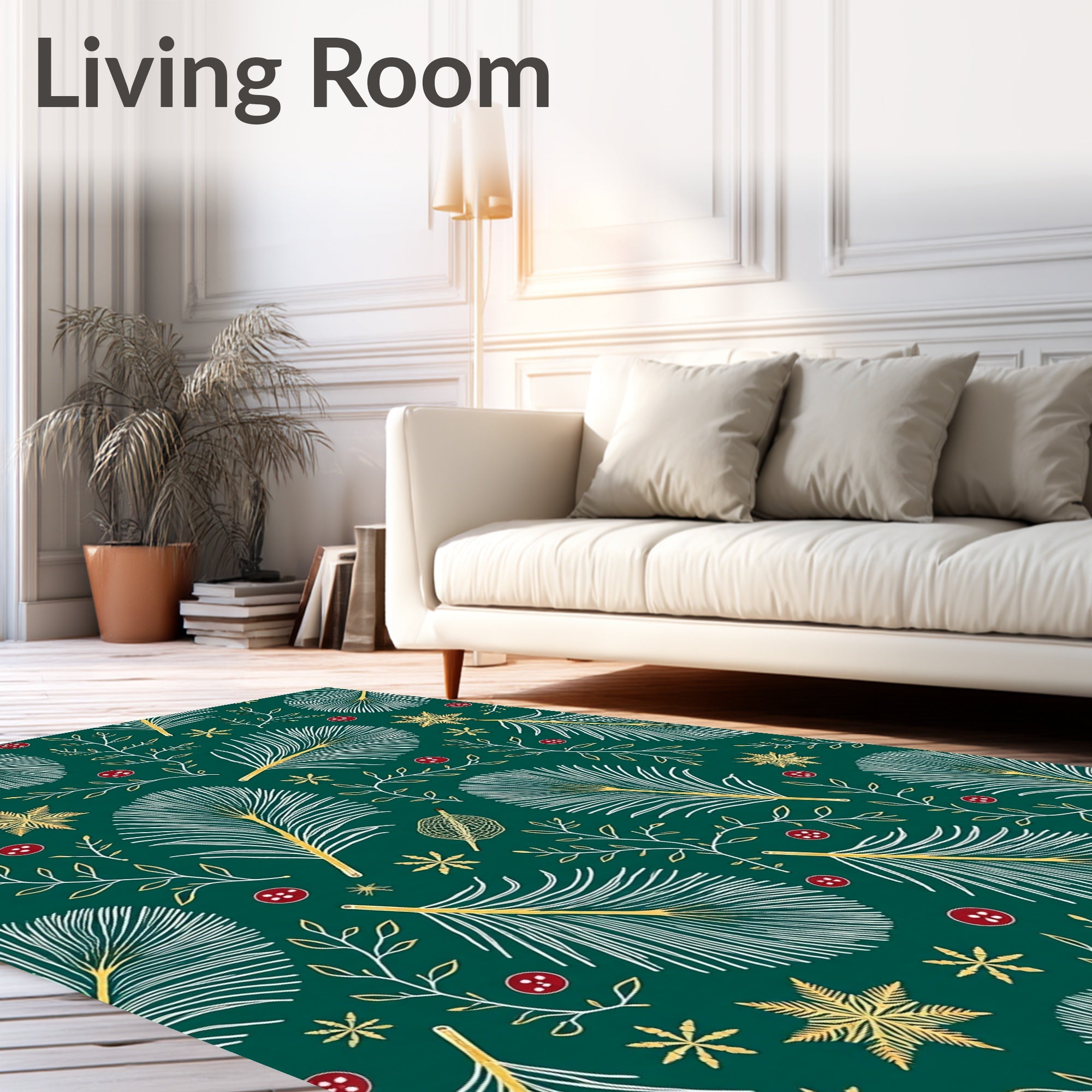 Emerald Green White Gold Feather Snowflakes Rug