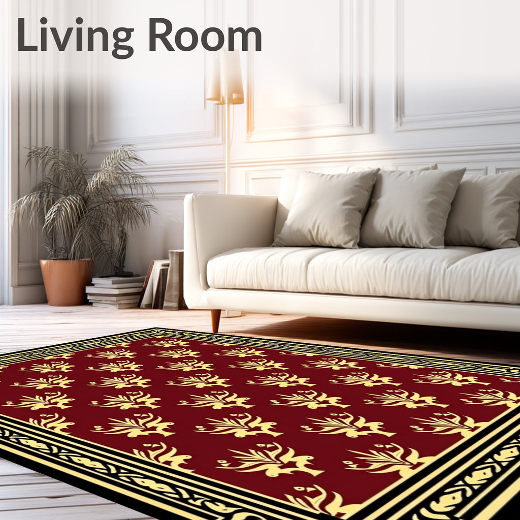 Regal Golden Floral Crested Maroon Rug