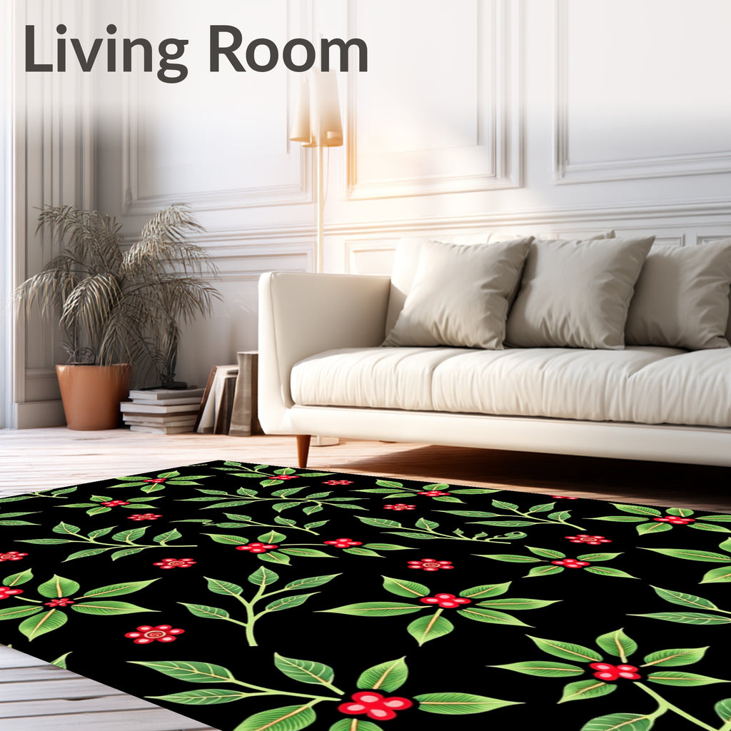 Red Berry Green Leaf Botanical Art Rug