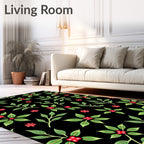 Red Berry Green Leaf Botanical Art Rug