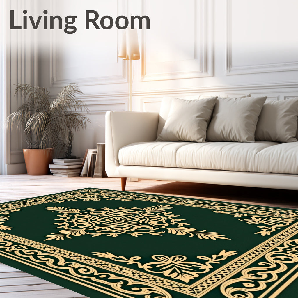 Deep Green Golden Floral Medallion Rug