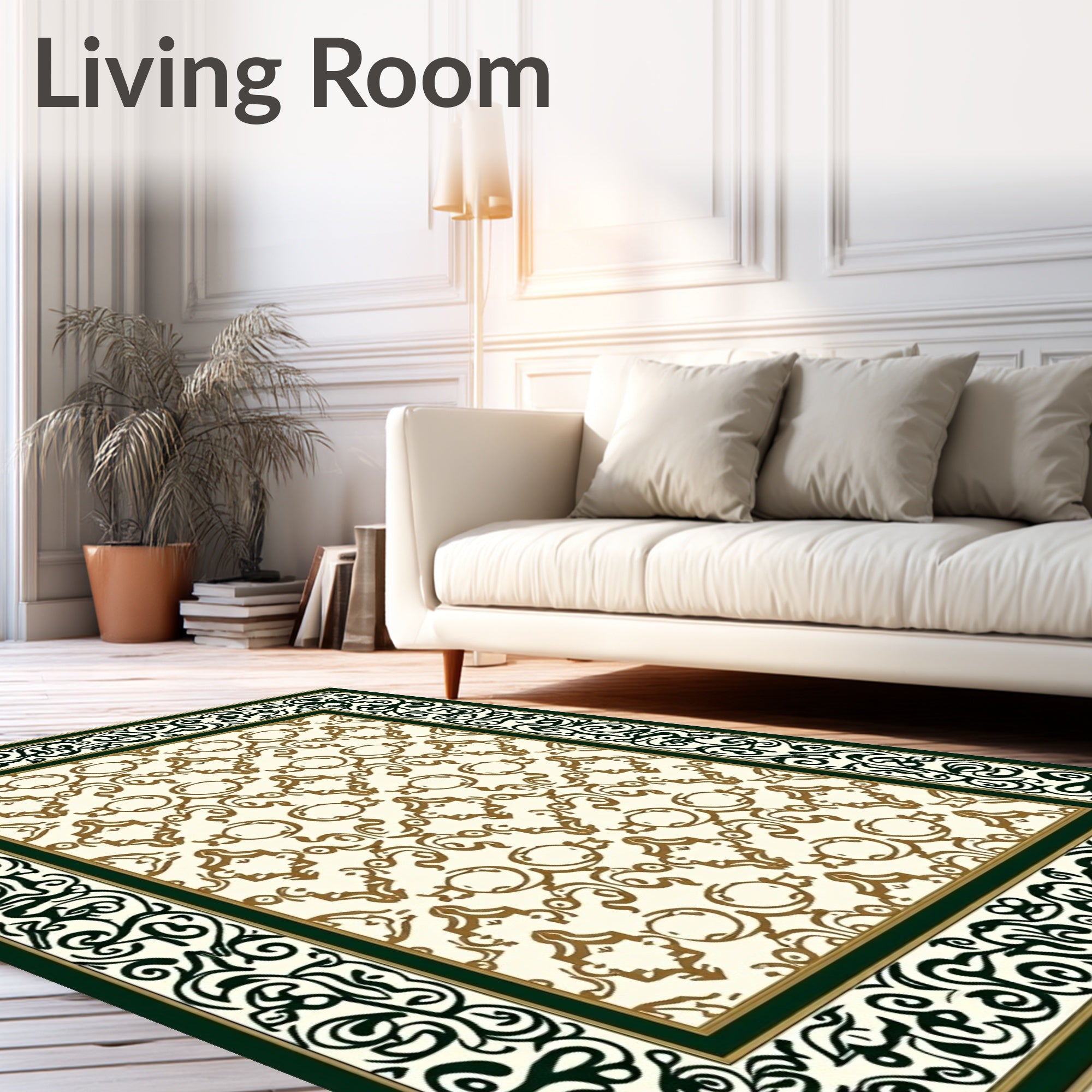 Elegant Ivory Bronze Scroll Border Rug