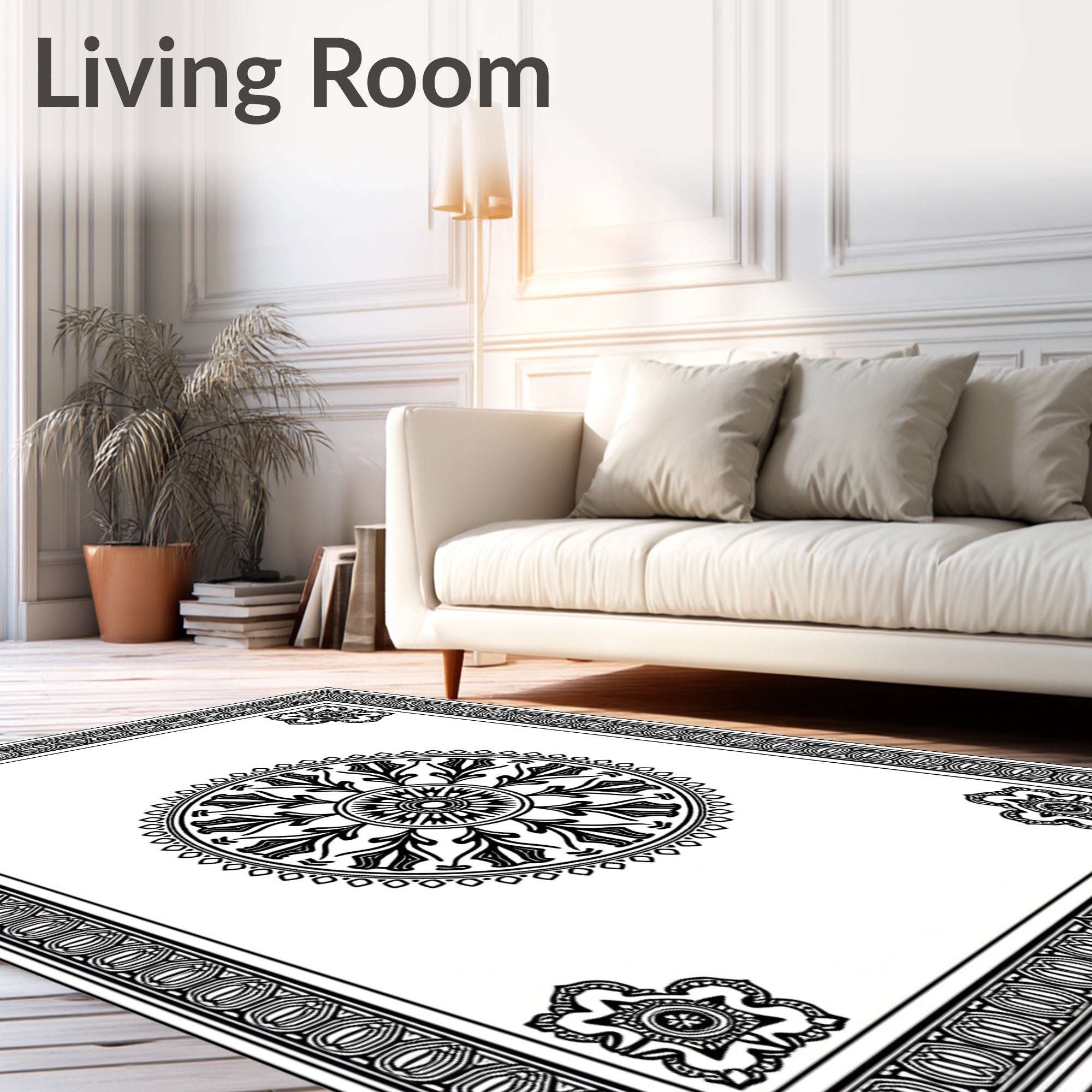 Ornate Black Medallion Border Rug