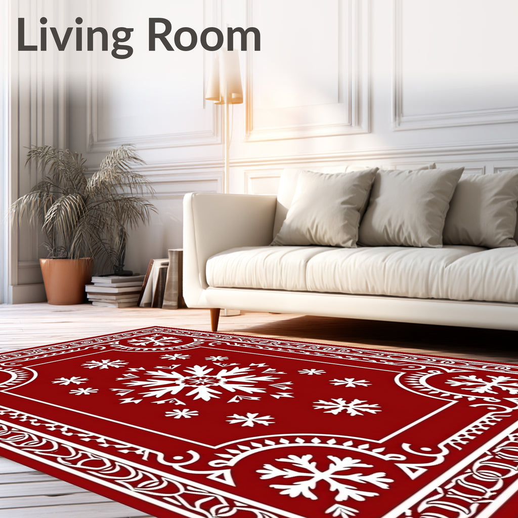Crimson White Snowflake Festive Border Rug