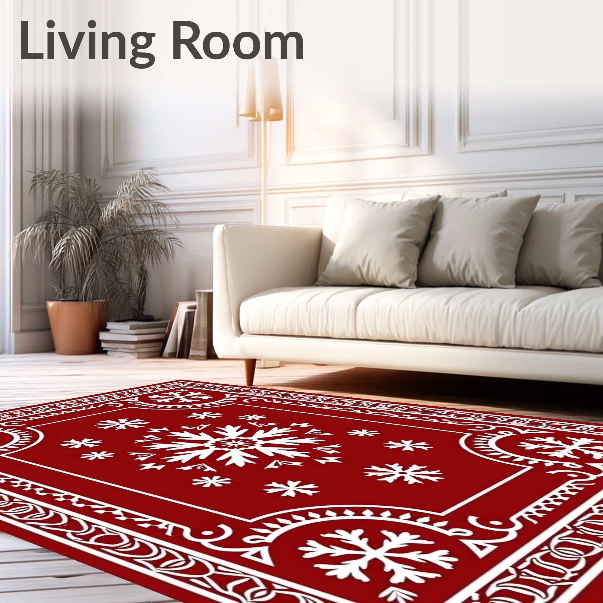 Crimson White Snowflake Festive Border Rug