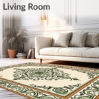 Cream and Green Scrollwork Medallion Rug