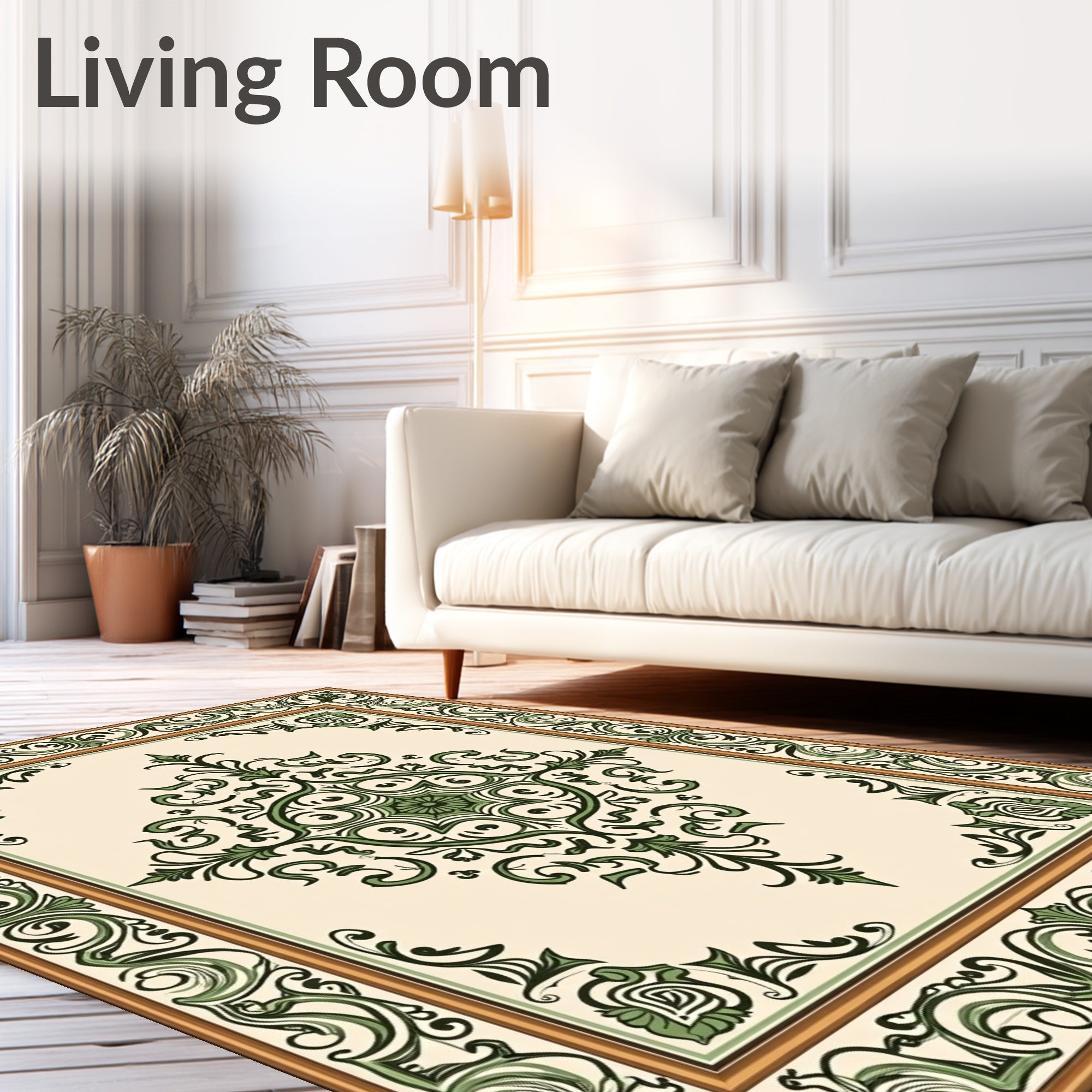 Cream and Green Scrollwork Medallion Rug