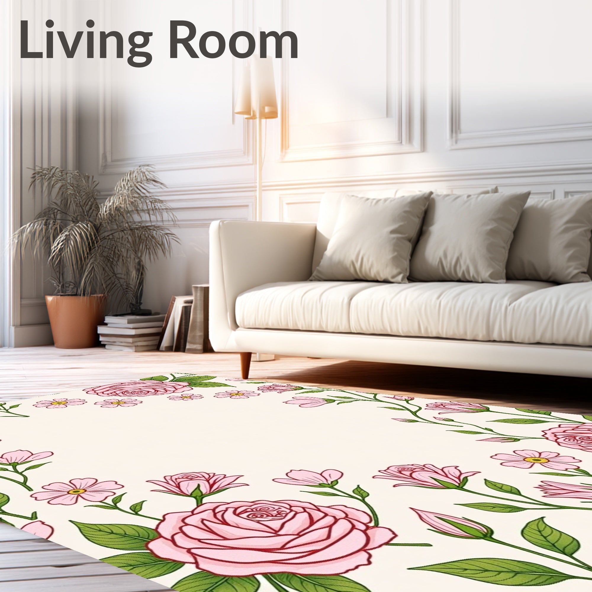 Whimsical Pink Floral Garden Frame Rug
