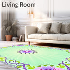 Purple Floral Frame Light Green Sunburst Rug