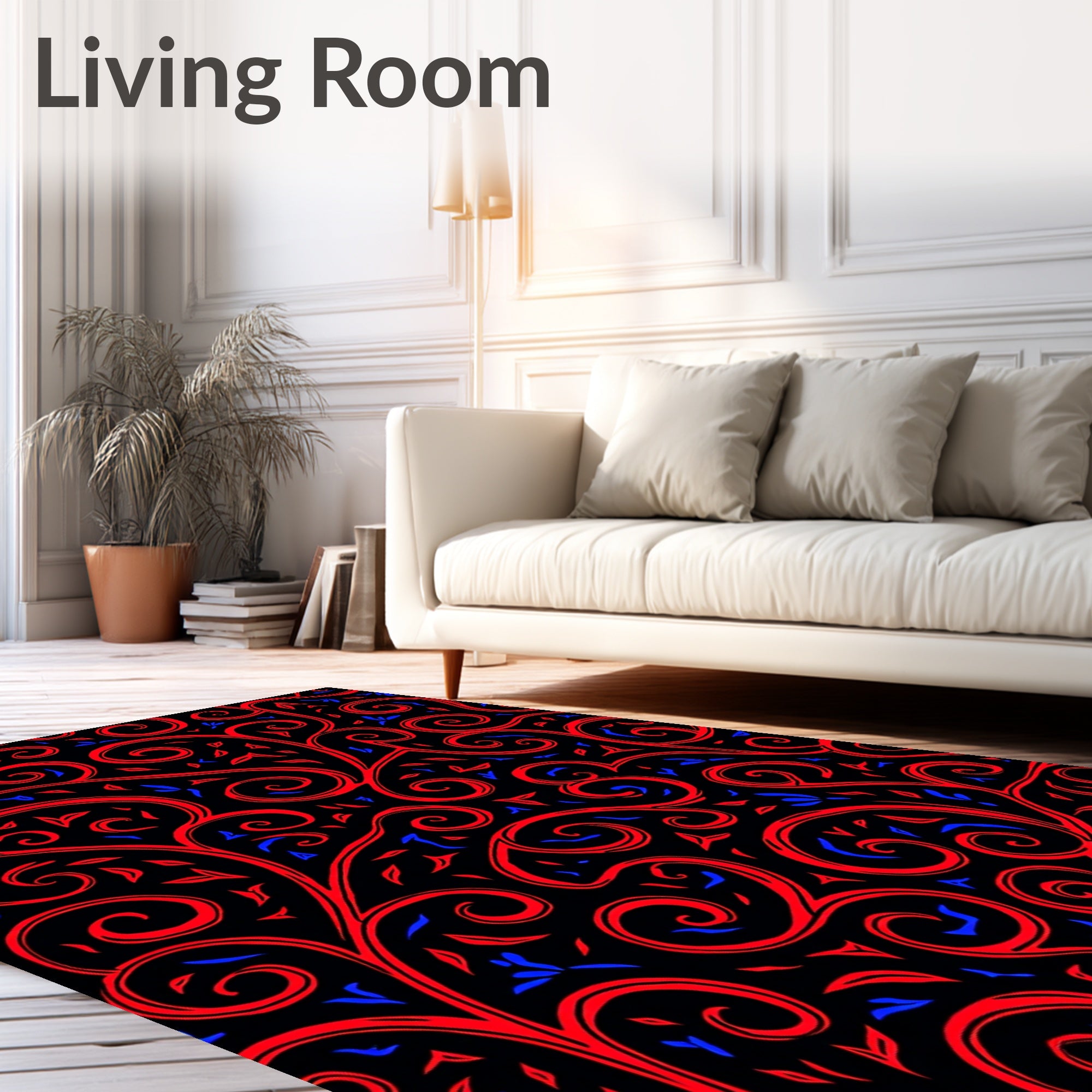 Red Blue Swirl Vine Black Rug