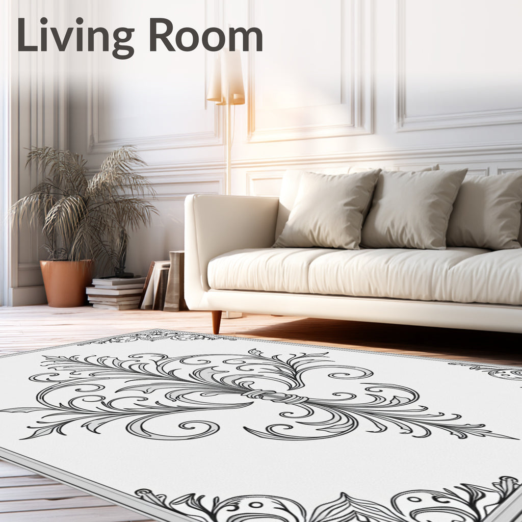 Ornate Black White Scrollwork Medallion Rug