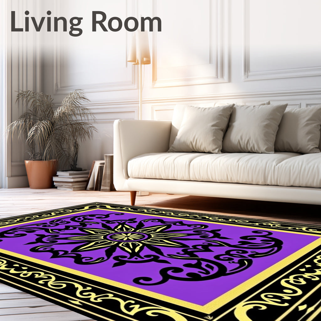 Vibrant Purple Black Golden Medallion Frame Rug