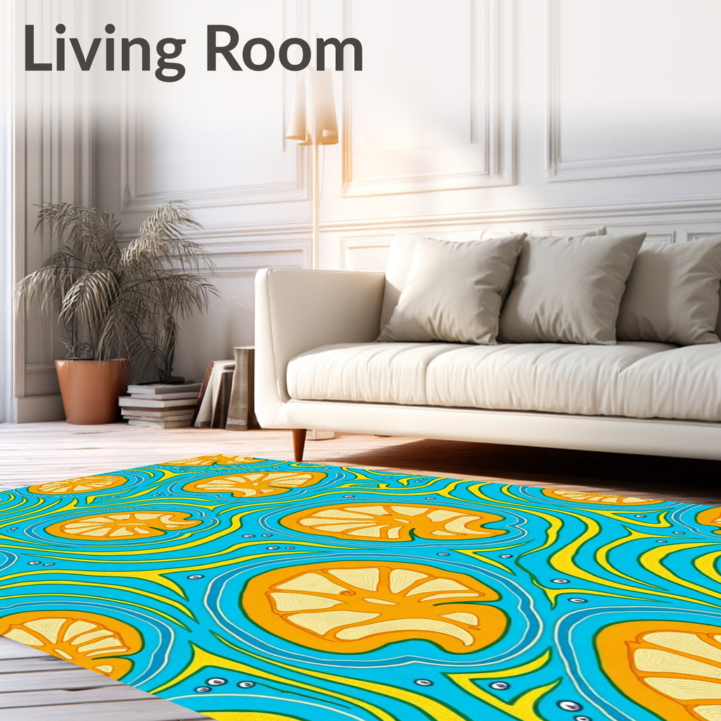 Tropical Citrus Swirl Blue Yellow Rug