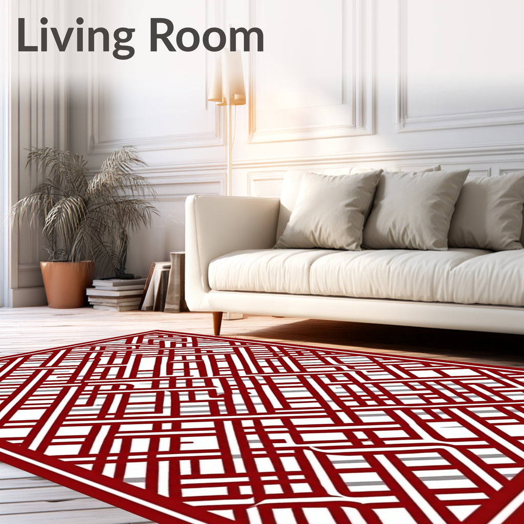 Modern Red Geometric Interlocking Lines Rug