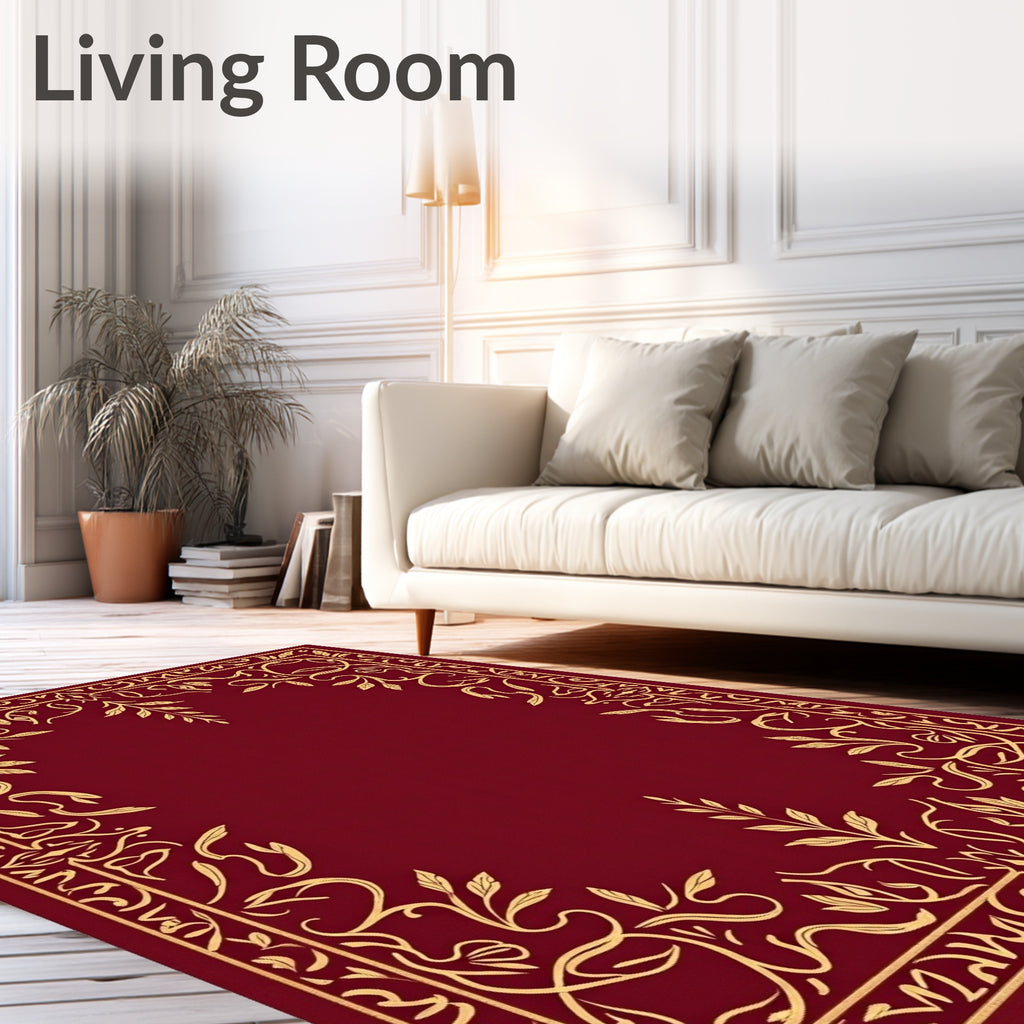 Deep Red Golden Floral Border Rug