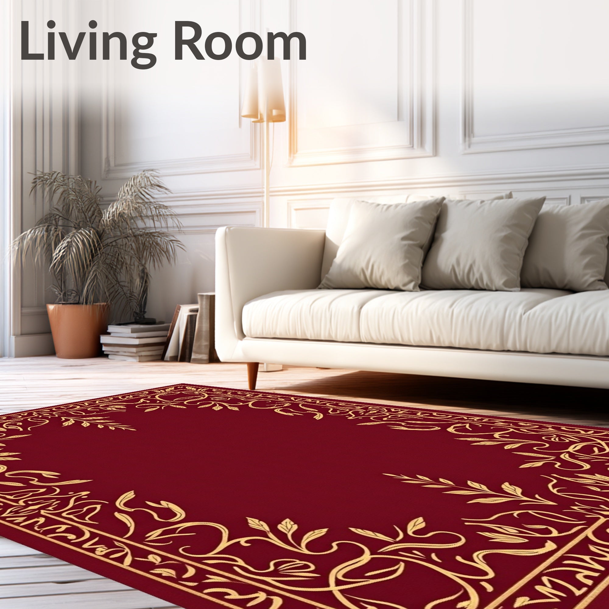 Deep Red Golden Floral Border Rug