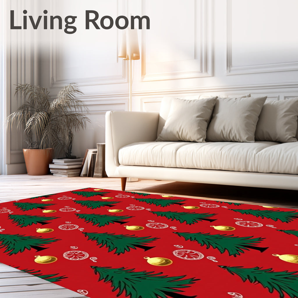 Green Trees Gold Ornaments Red Background Rug