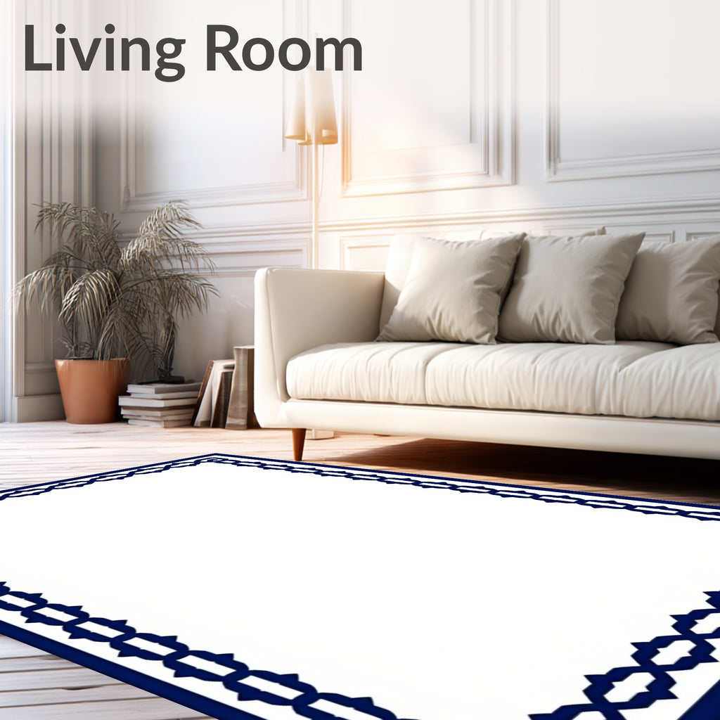 Naval Blue Geometric Chain Border Rug