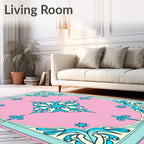 Pink Aqua Floral Scroll Medallion Rug