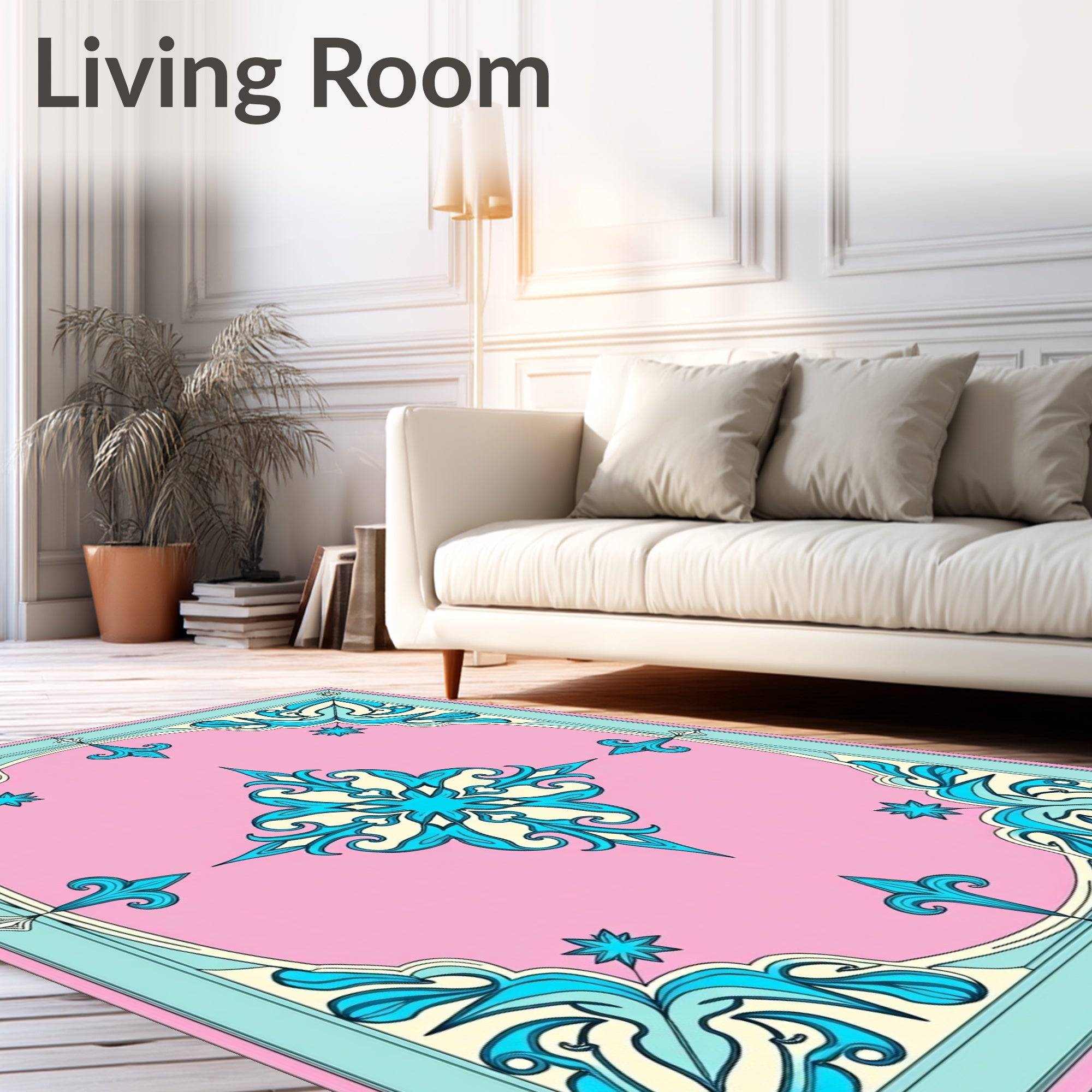 Pink Aqua Floral Scroll Medallion Rug