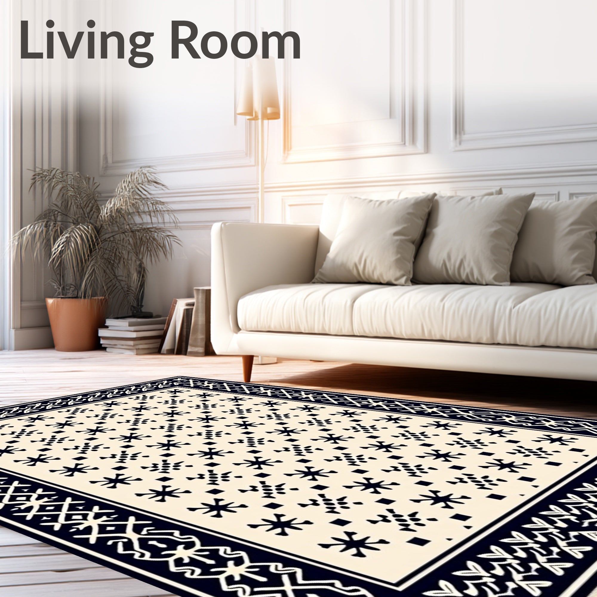 Classic Ivory Black Starburst Border Rug