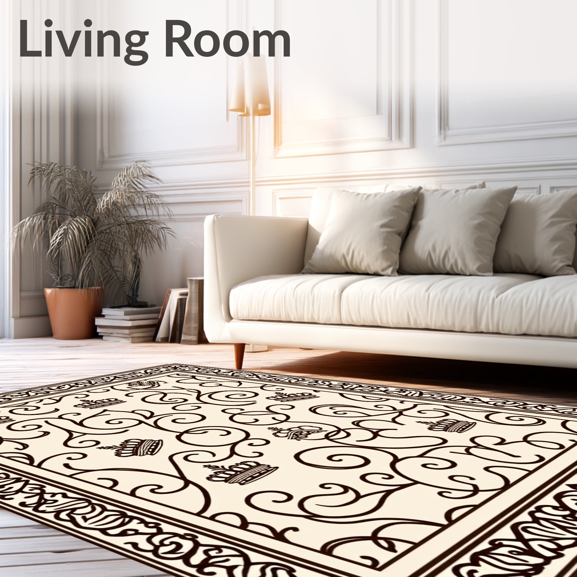 Ornate Crown Scrollwork Cream Brown Rug