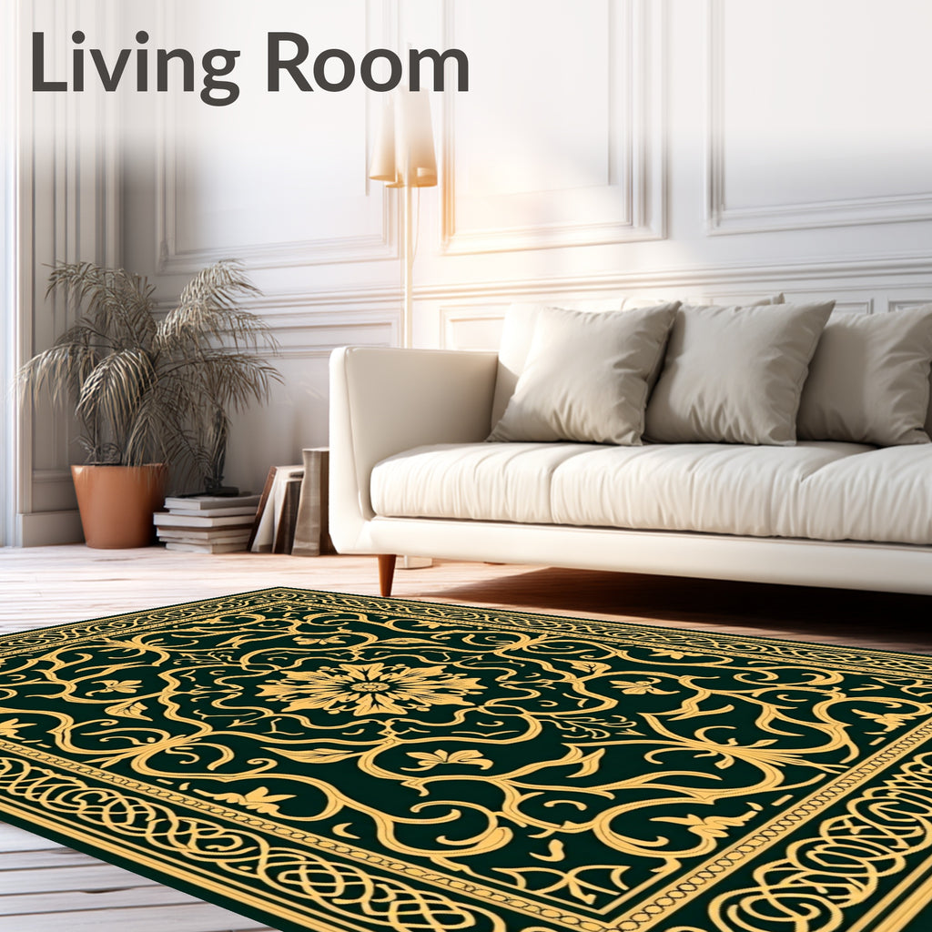 Ornate Gold Floral Medallion Emerald Rug