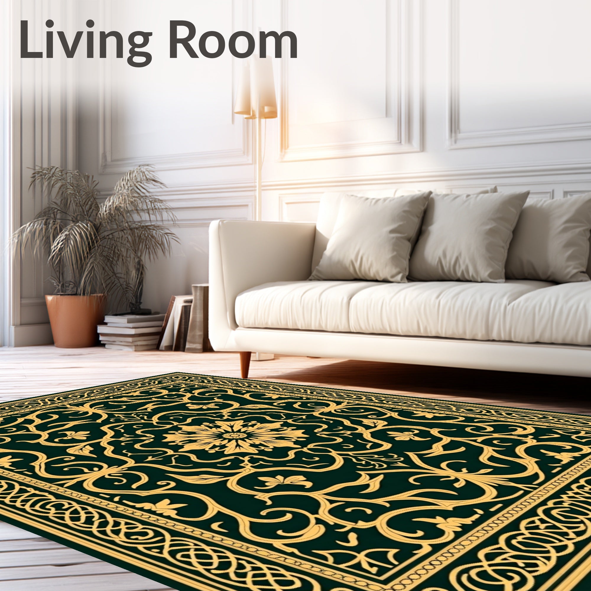Ornate Gold Floral Medallion Emerald Rug
