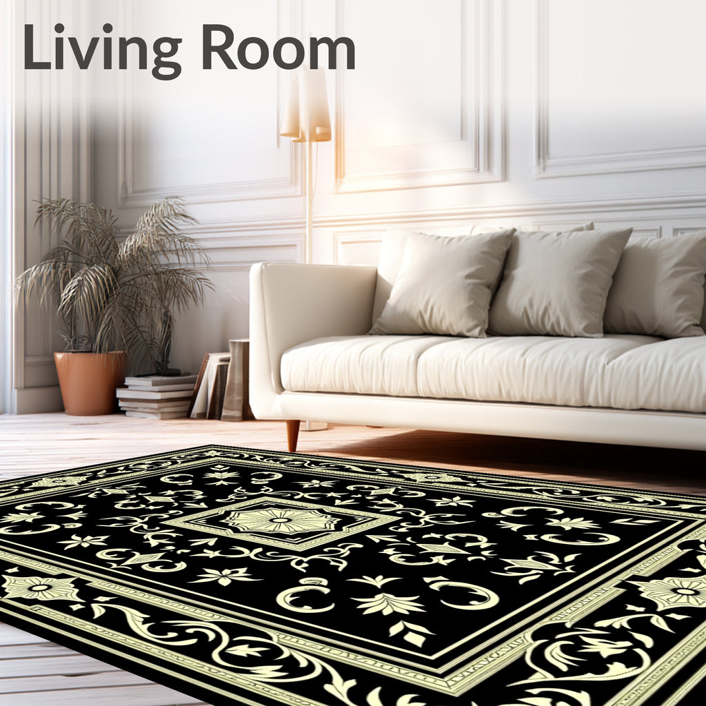 Ivory Floral Border Black Rug
