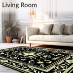Ivory Floral Border Black Rug