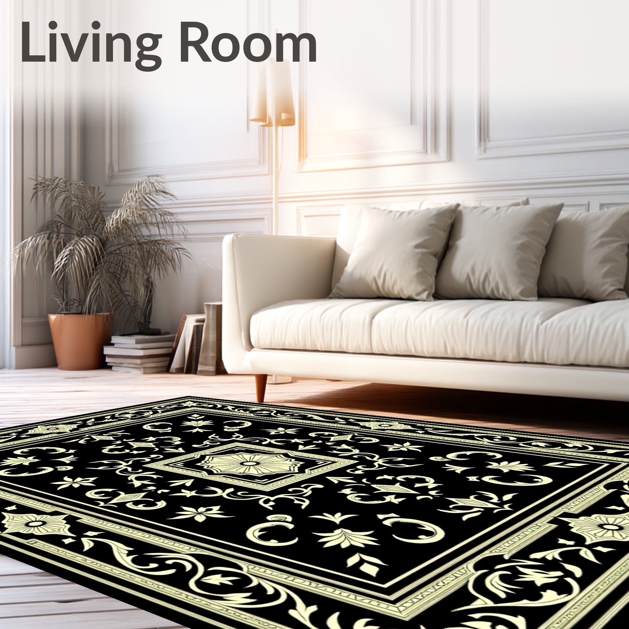 Ivory Floral Border Black Rug
